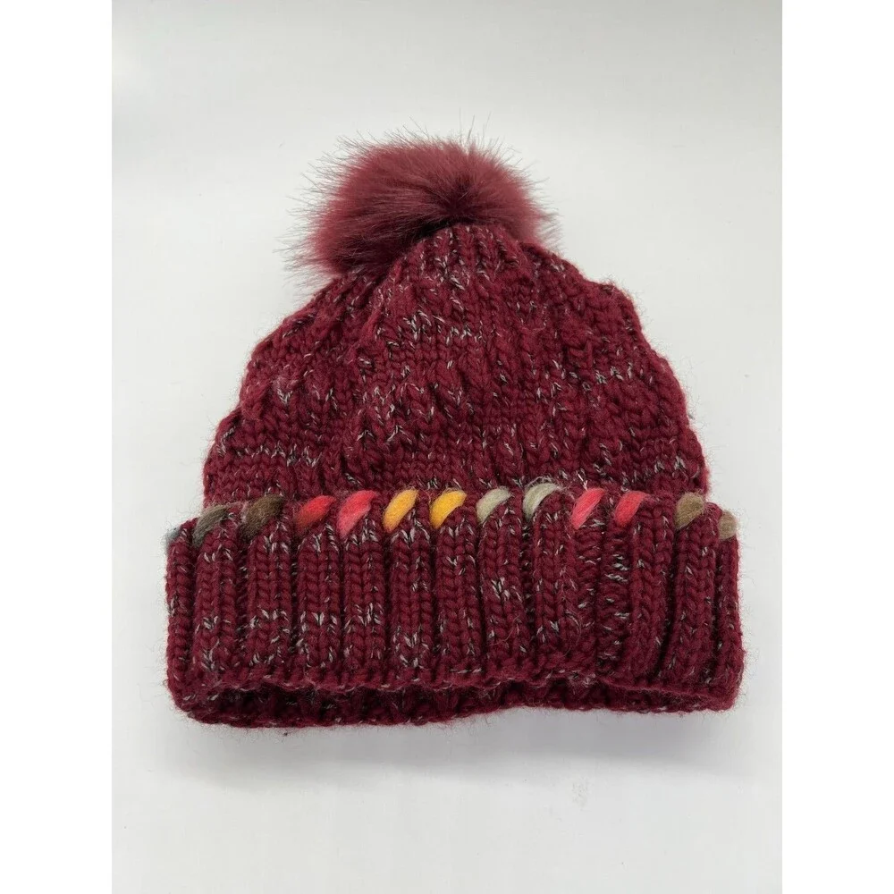 C.C Hat Beanie Womens One Size Red Knit Pom Fleece Lined Multicolor Cuff Winter